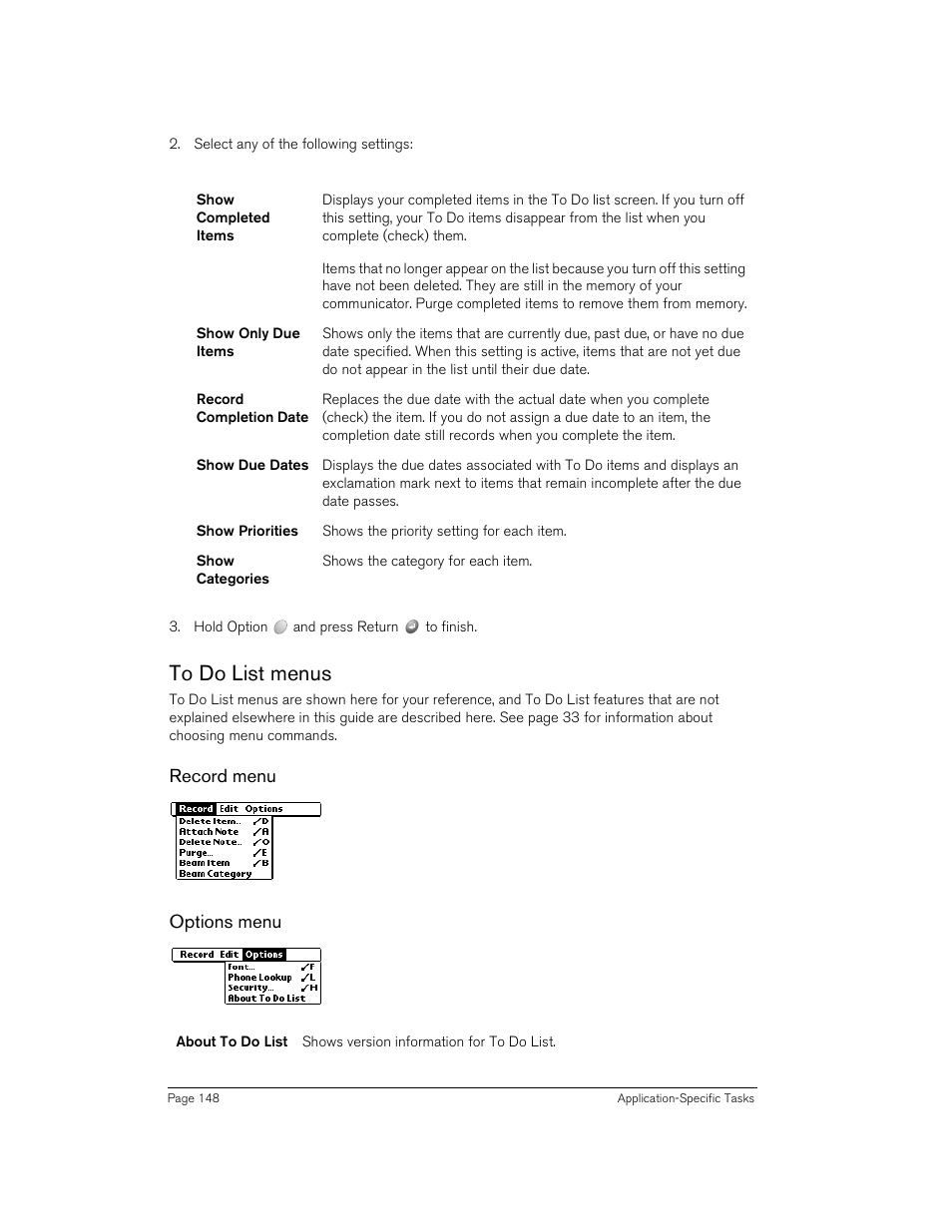 To do list menus, Record menu, Options menu | Record menu options menu | Handspring 270 User Manual | Page 148 / 257
