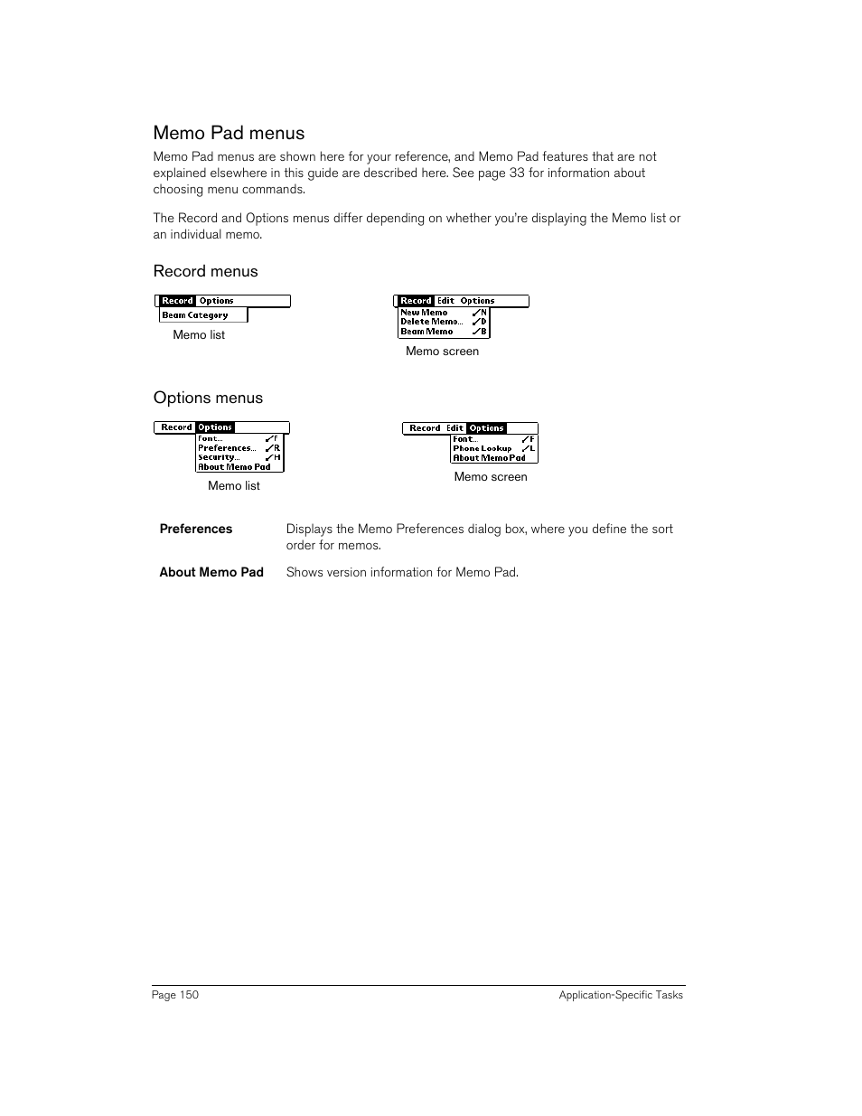Memo pad menus, Record menus, Options menus | Handspring 270 User Manual | Page 150 / 257