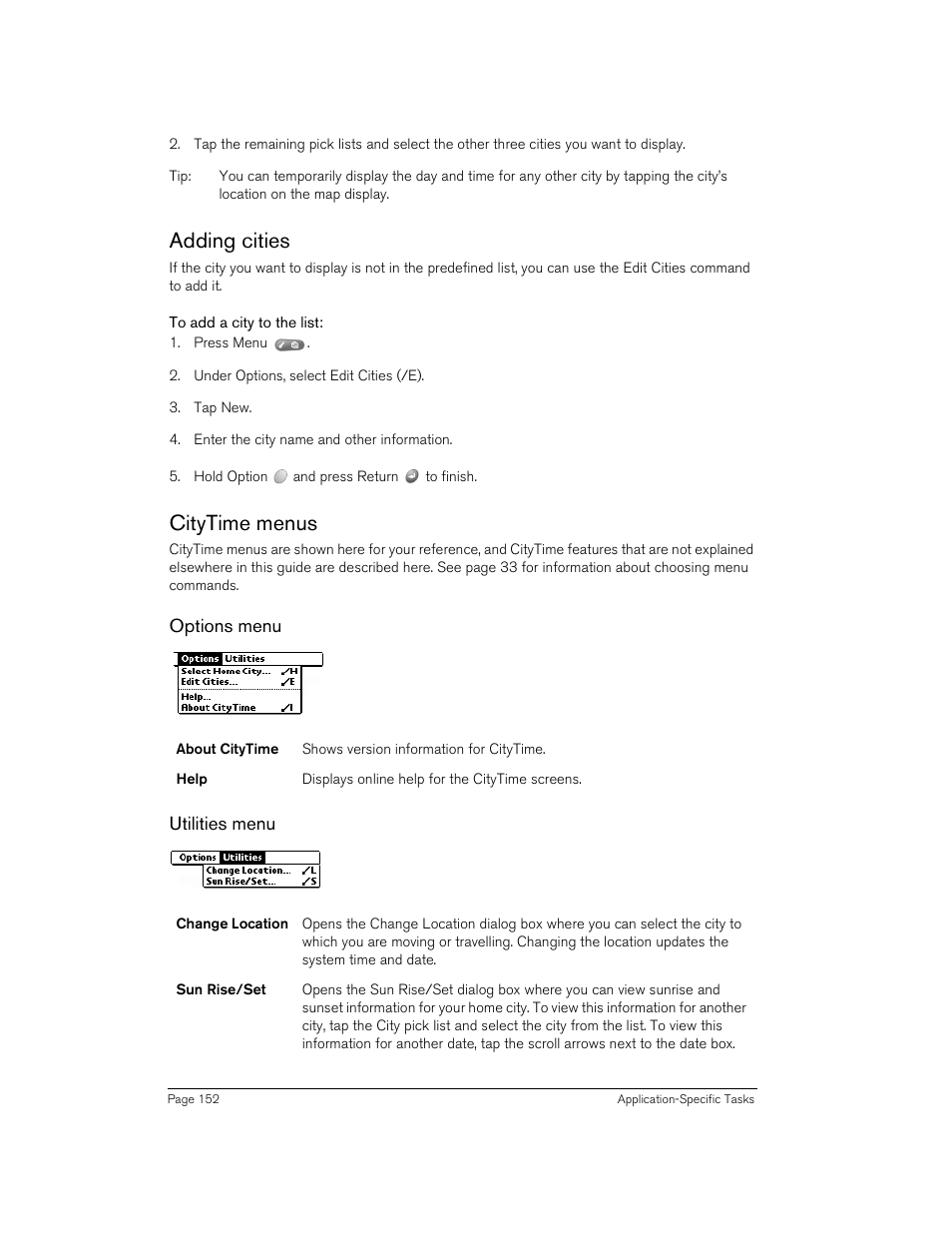 Adding cities, To add a city to the list, Citytime menus | Options menu, Utilities menu, Adding cities citytime menus | Handspring 270 User Manual | Page 152 / 257