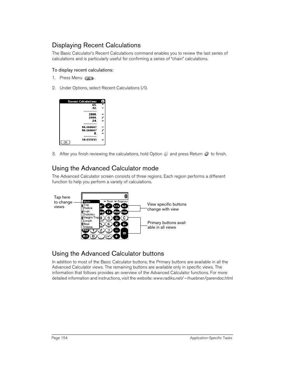 Displaying recent calculations, To display recent calculations, Using the advanced calculator mode | Using the advanced calculator buttons | Handspring 270 User Manual | Page 154 / 257