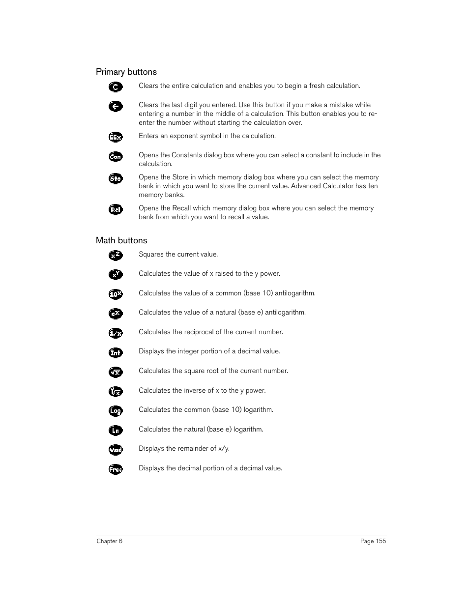 Primary buttons, Math buttons, Primary buttons math buttons | Handspring 270 User Manual | Page 155 / 257