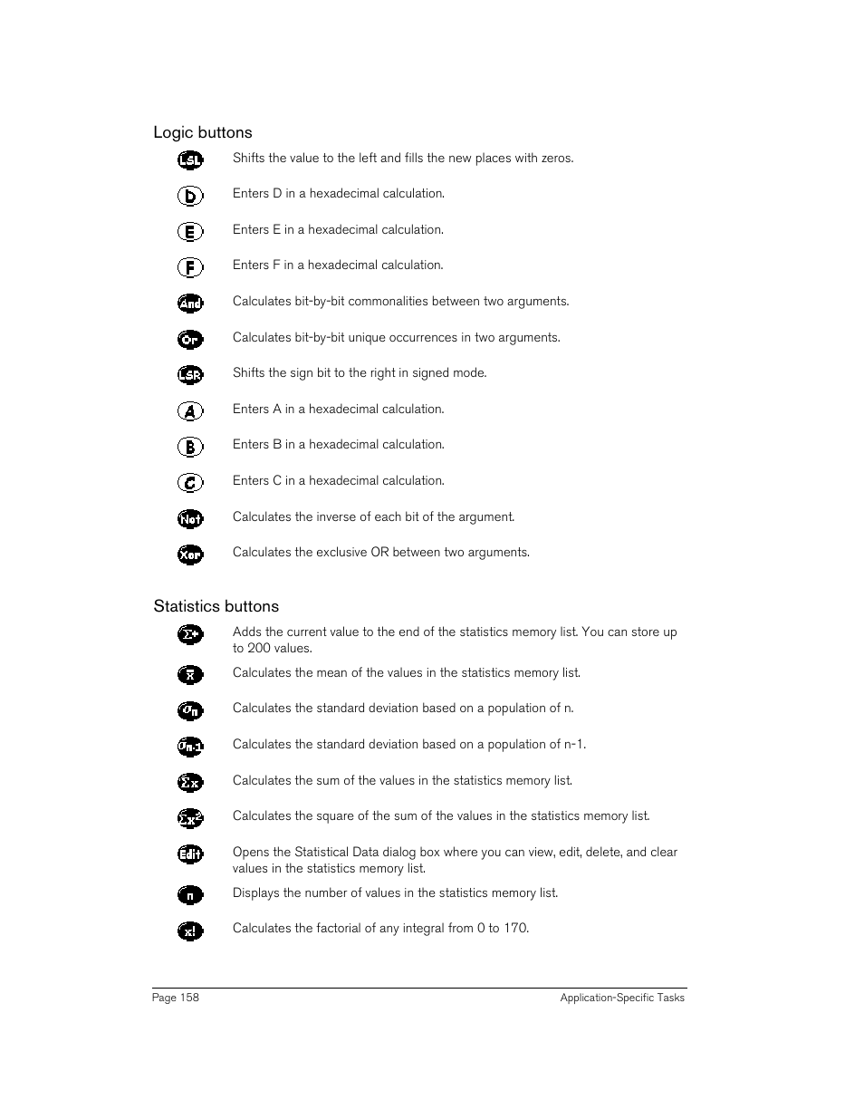 Logic buttons, Statistics buttons, Logic buttons statistics buttons | Handspring 270 User Manual | Page 158 / 257