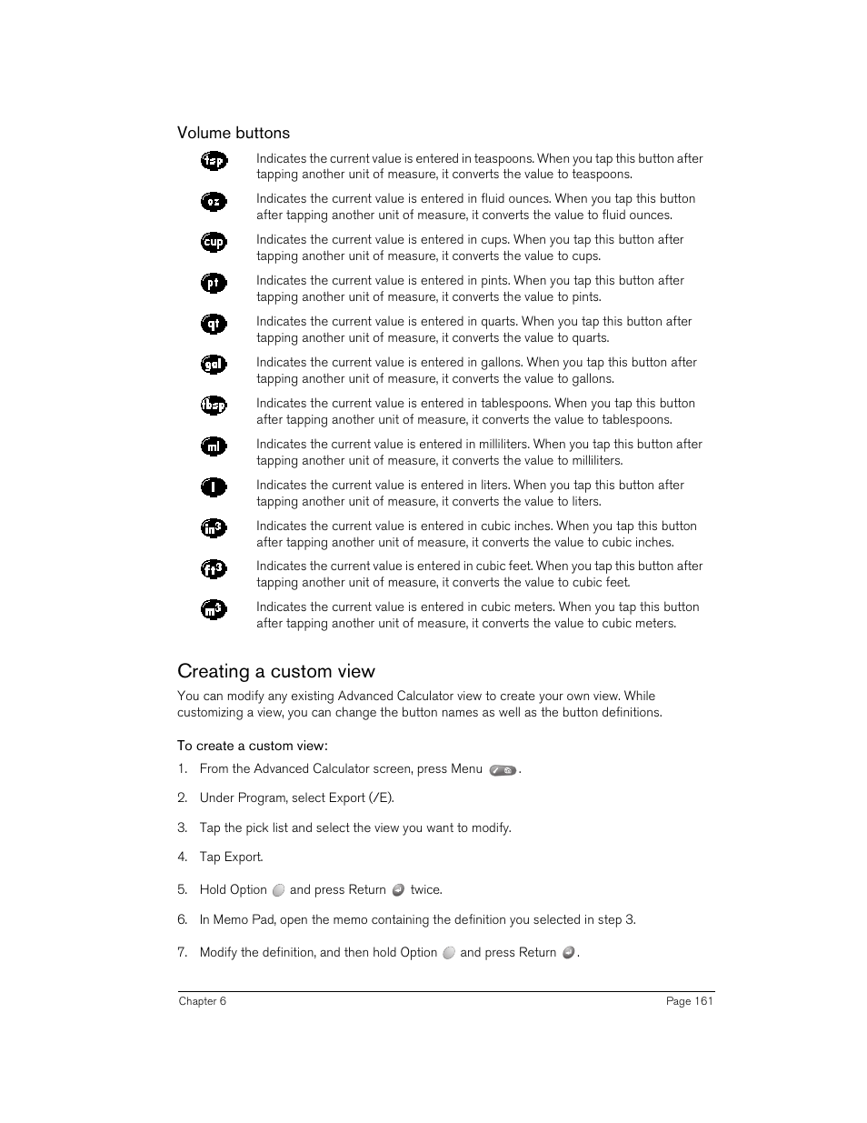 Volume buttons, Creating a custom view, To create a custom view | Handspring 270 User Manual | Page 161 / 257