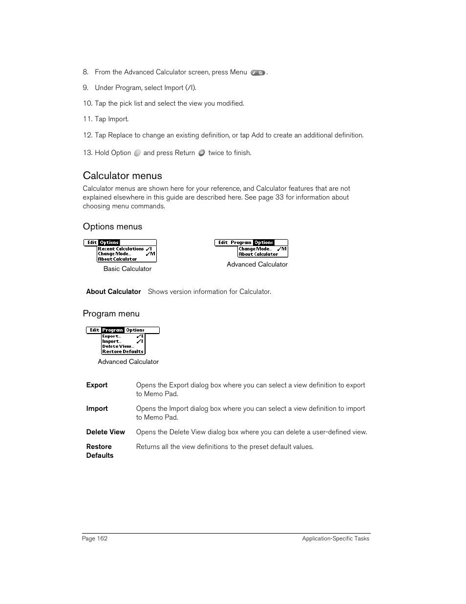 Calculator menus, Options menus, Program menu | Owner preferences, Options menus program menu | Handspring 270 User Manual | Page 162 / 257