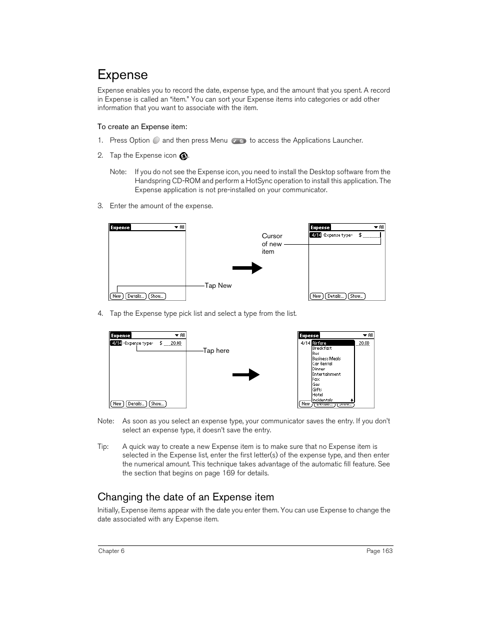 Expense, To create an expense item, Changing the date of an expense item | Handspring 270 User Manual | Page 163 / 257