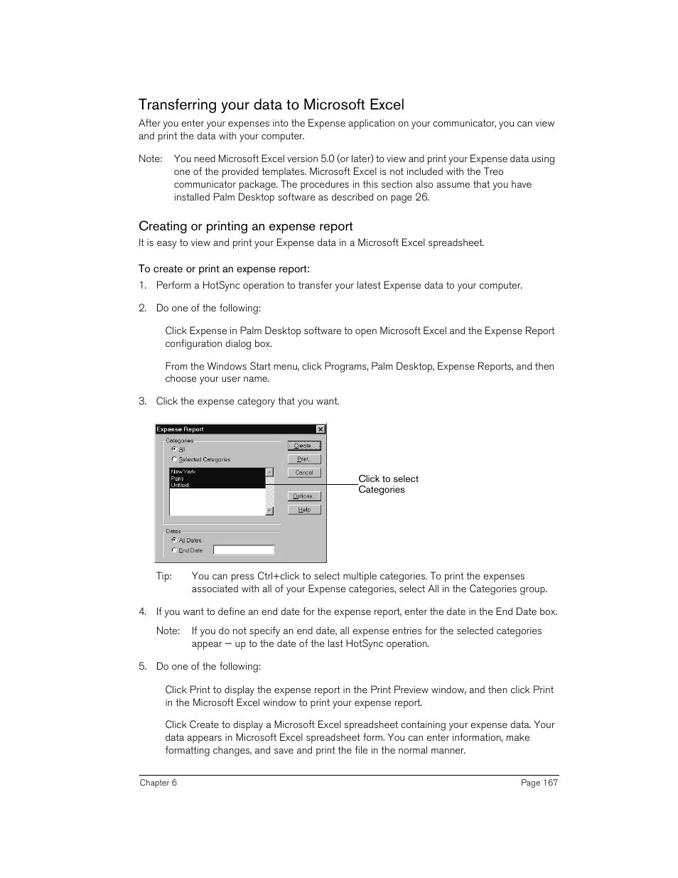 Transferring your data to microsoft excel, Creating or printing an expense report, To create or print an expense report | Handspring 270 User Manual | Page 167 / 257
