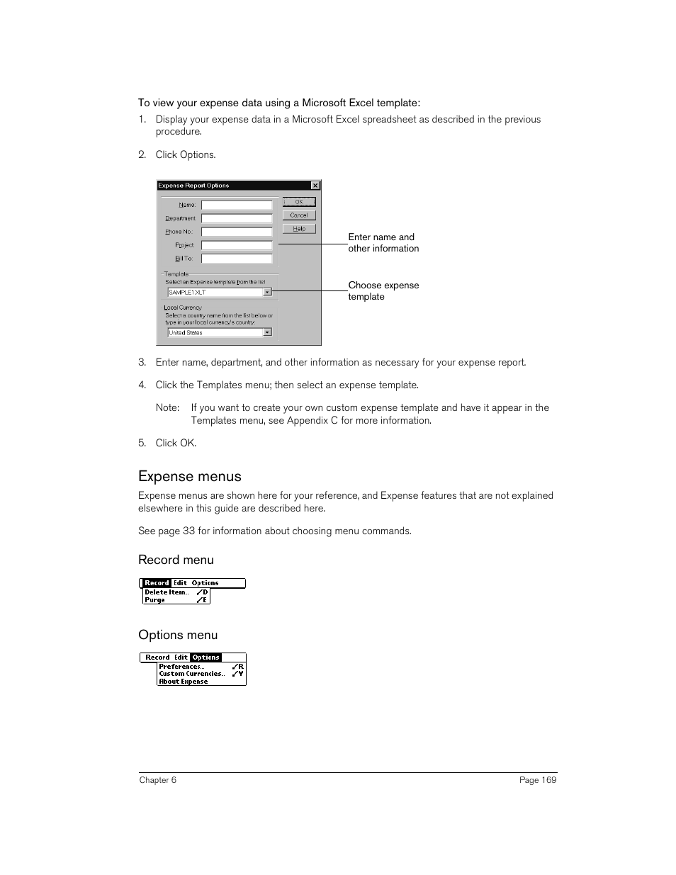 Expense menus, Record menu, Options menu | Handspring 270 User Manual | Page 169 / 257