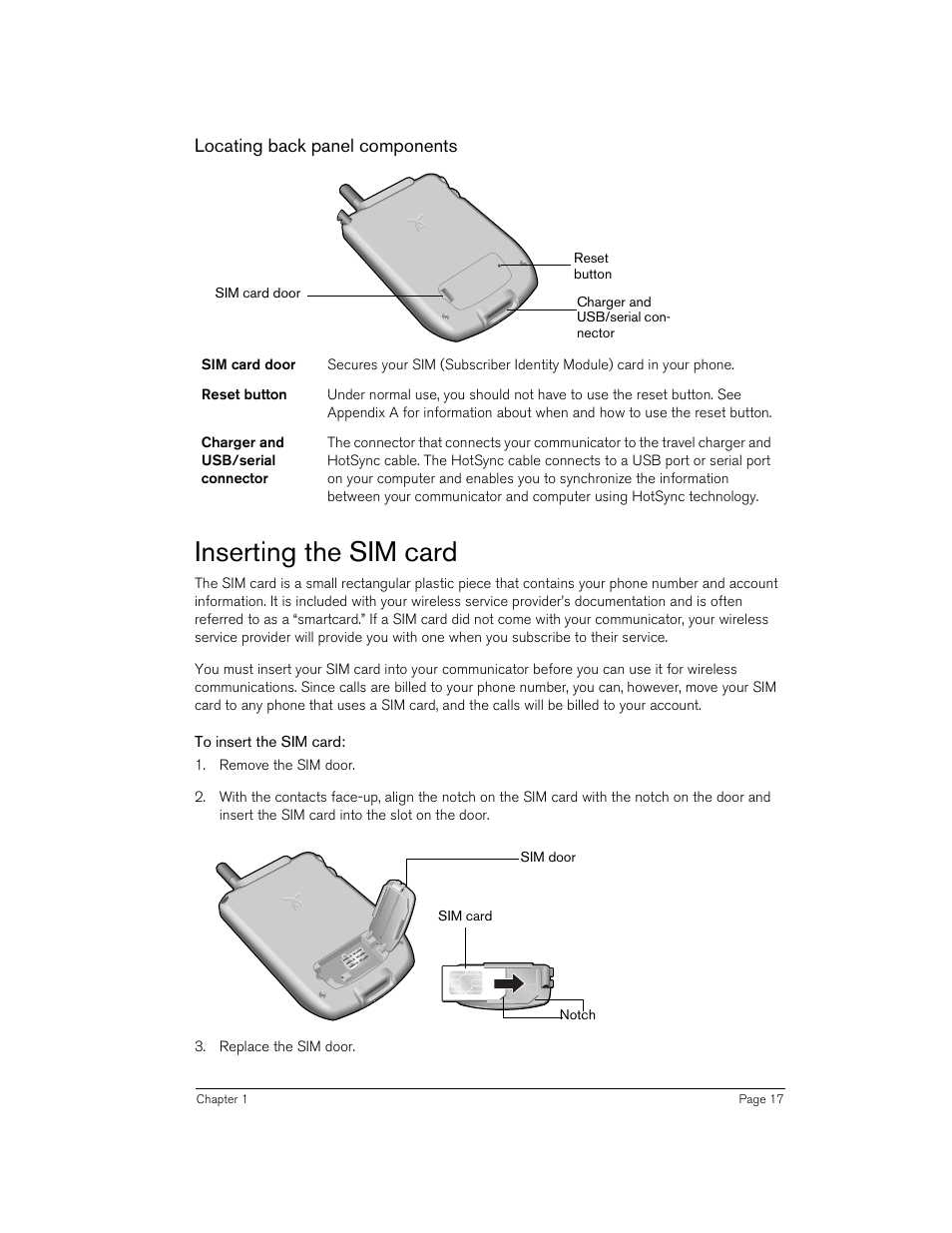 Locating back panel components, Inserting the sim card, To insert the sim card | Handspring 270 User Manual | Page 17 / 257