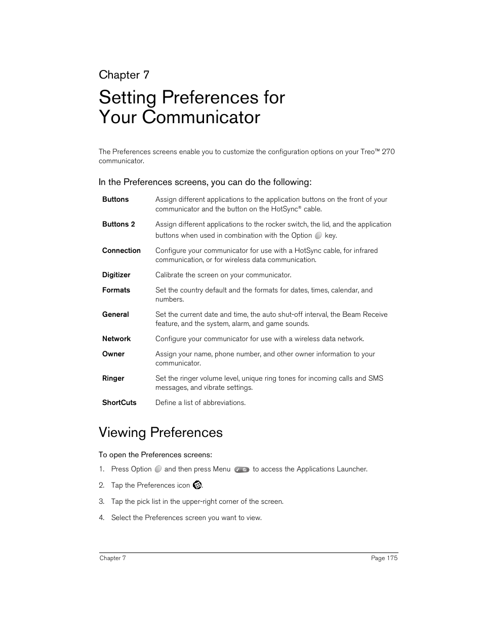 Setting preferences for your communicator, Viewing preferences, To open the preferences screens | Chapter 7 | Handspring 270 User Manual | Page 175 / 257