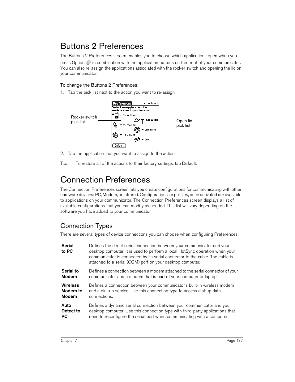 Buttons 2 preferences, To change the buttons 2 preferences, Connection preferences | Connection types | Handspring 270 User Manual | Page 177 / 257