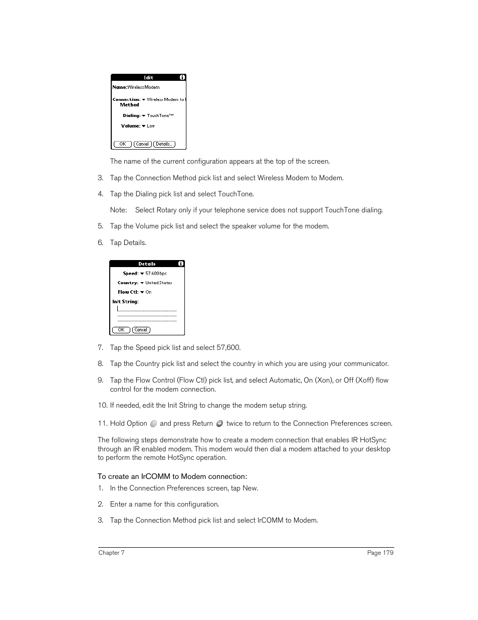 To create an ircomm to modem connection | Handspring 270 User Manual | Page 179 / 257