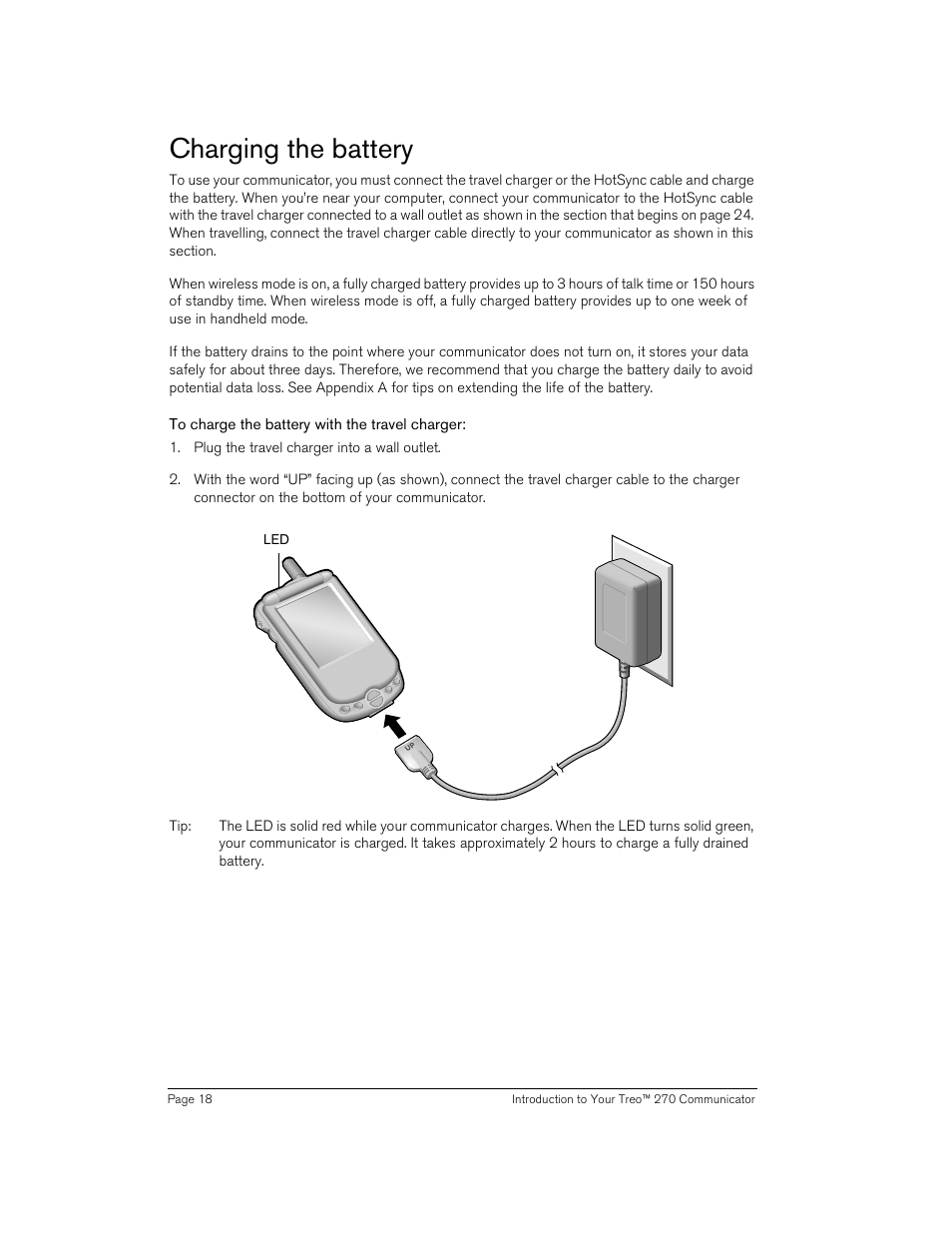 Charging the battery, To charge the battery with the travel charger | Handspring 270 User Manual | Page 18 / 257