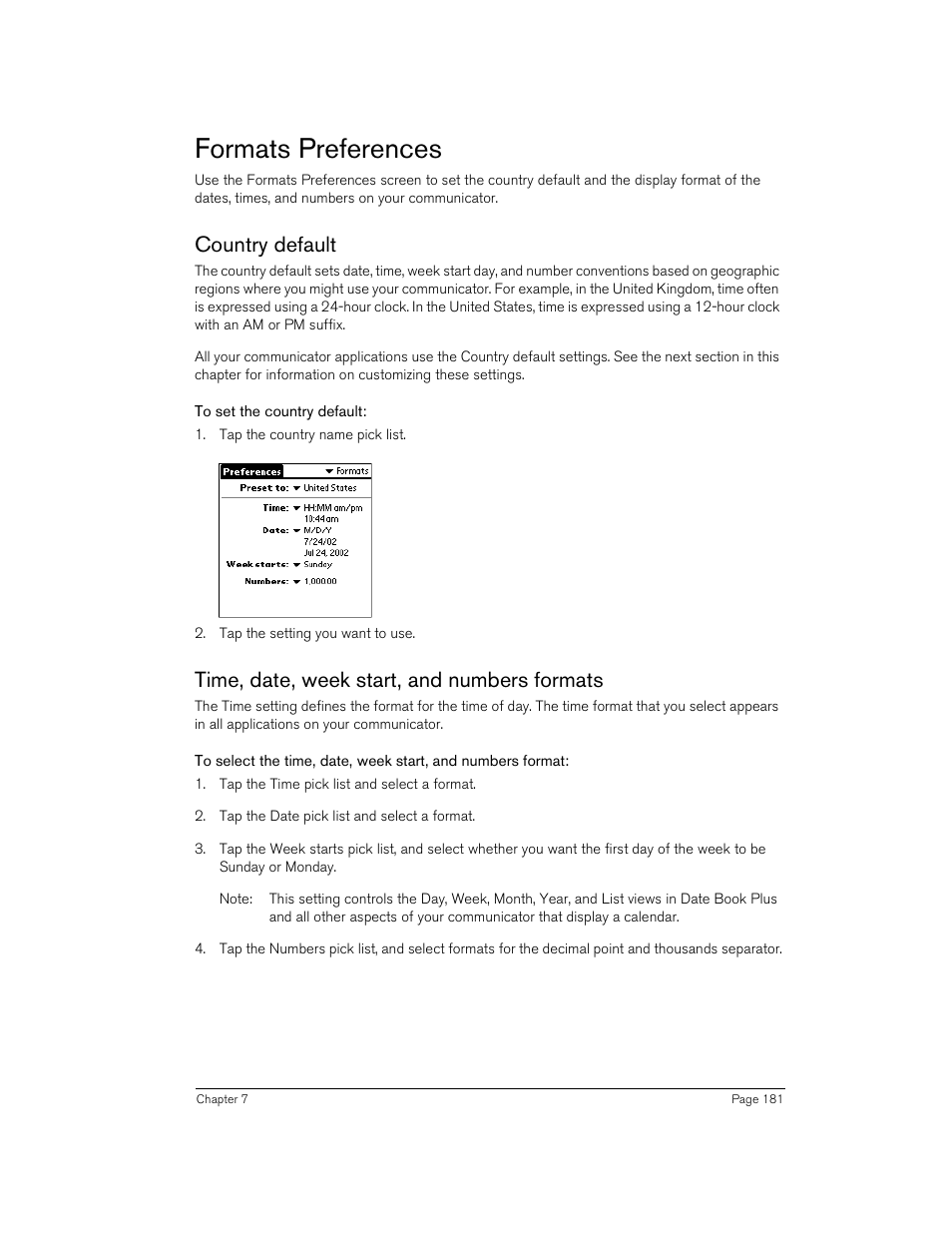 Formats preferences, Country default, To set the country default | Time, date, week start, and numbers formats | Handspring 270 User Manual | Page 181 / 257