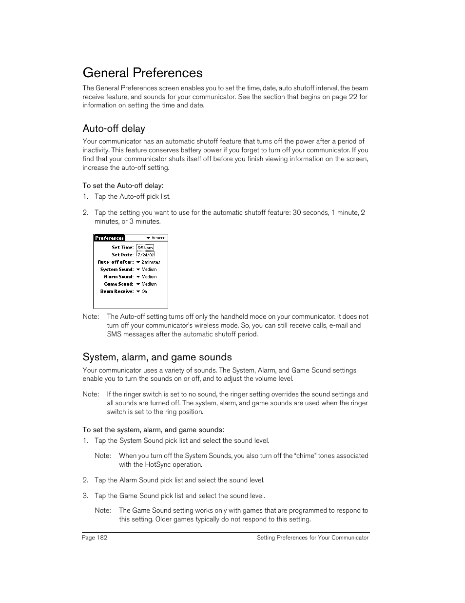 General preferences, Auto-off delay, To set the auto-off delay | System, alarm, and game sounds, To set the system, alarm, and game sounds, Auto-off delay system, alarm, and game sounds | Handspring 270 User Manual | Page 182 / 257