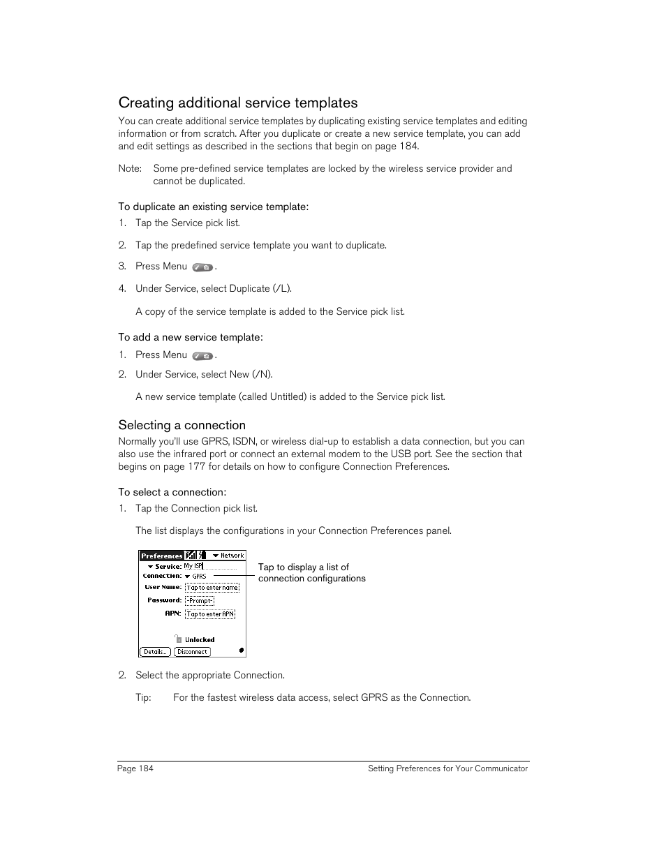 Creating additional service templates, To duplicate an existing service template, To add a new service template | Selecting a connection, To select a connection | Handspring 270 User Manual | Page 184 / 257