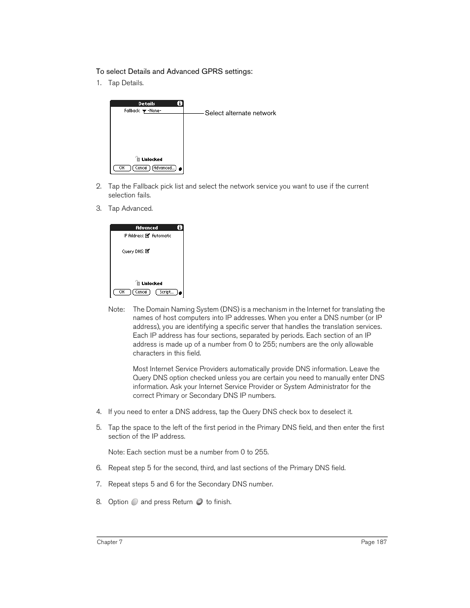 To select details and advanced gprs settings | Handspring 270 User Manual | Page 187 / 257