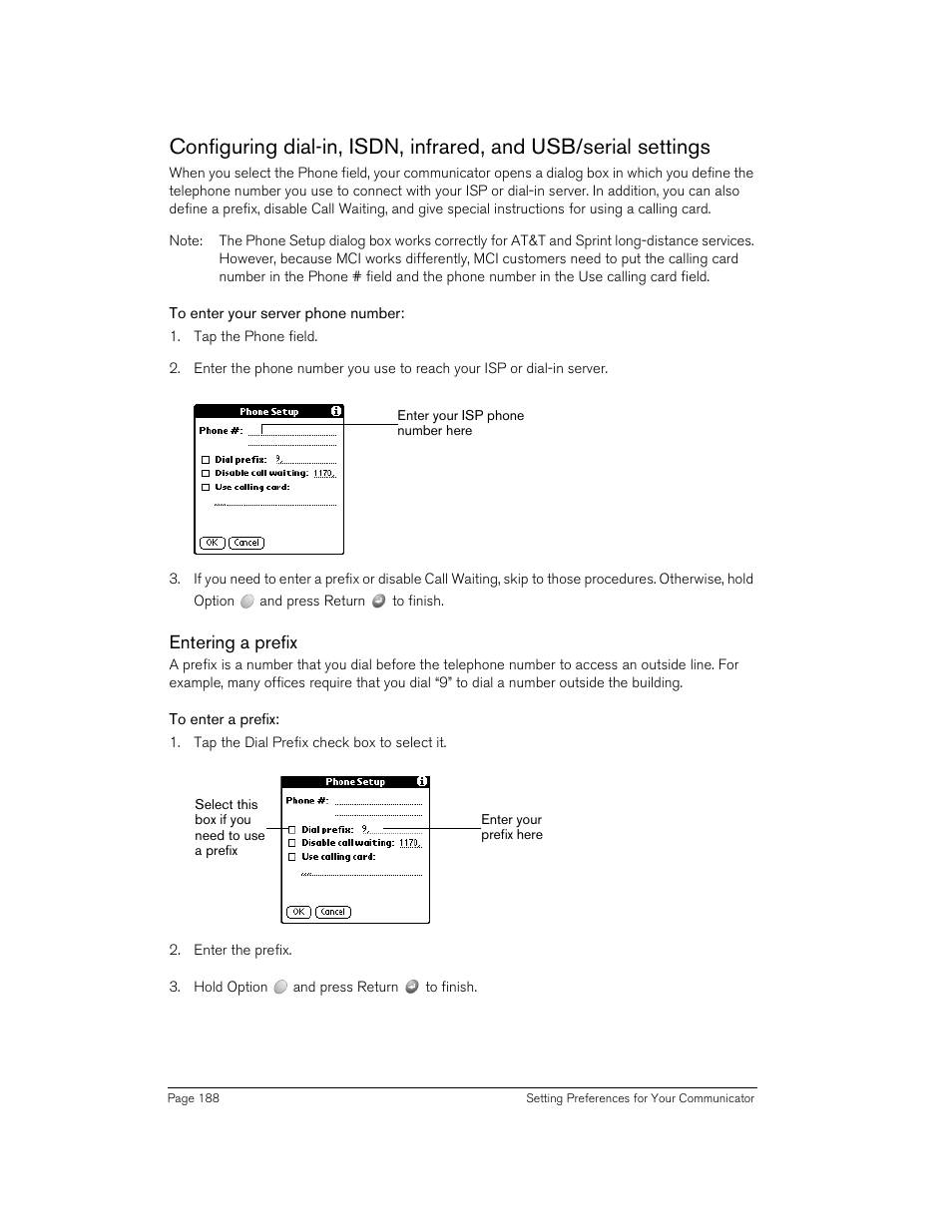 To enter your server phone number, Entering a prefix, To enter a prefix | Handspring 270 User Manual | Page 188 / 257