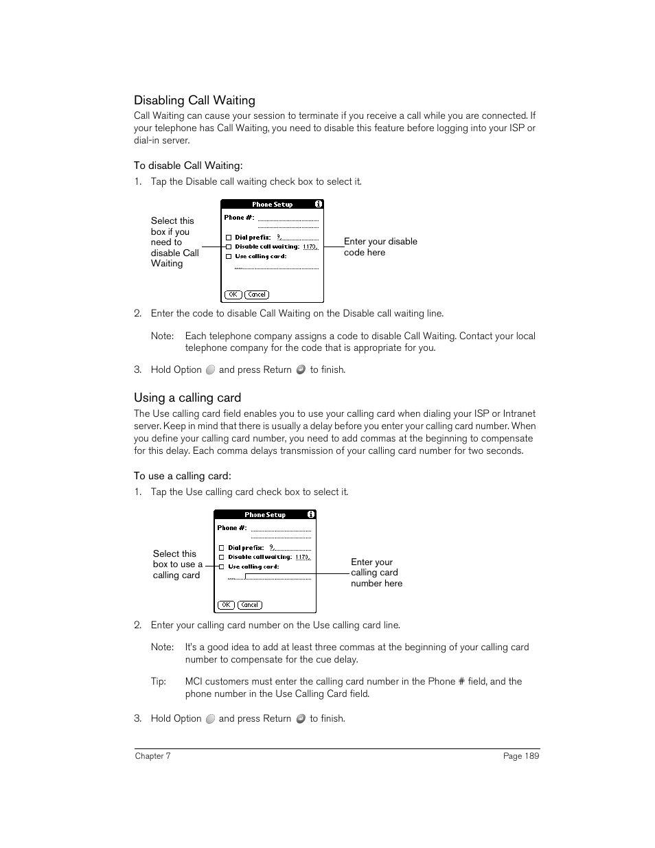 Disabling call waiting, To disable call waiting, Using a calling card | To use a calling card | Handspring 270 User Manual | Page 189 / 257