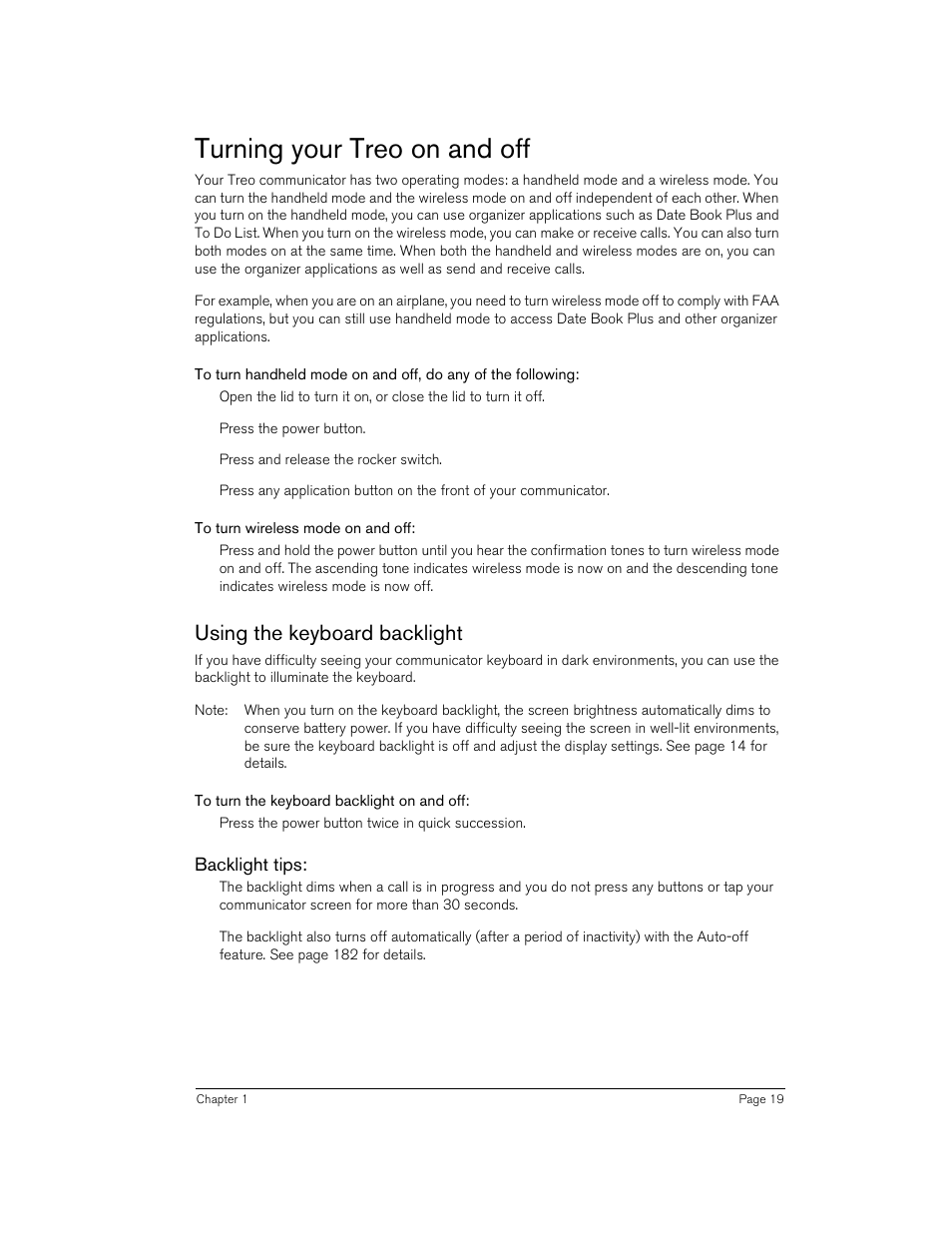 Turning your treo on and off, To turn wireless mode on and off, Using the keyboard backlight | To turn the keyboard backlight on and off, Backlight tips, 19 f | Handspring 270 User Manual | Page 19 / 257