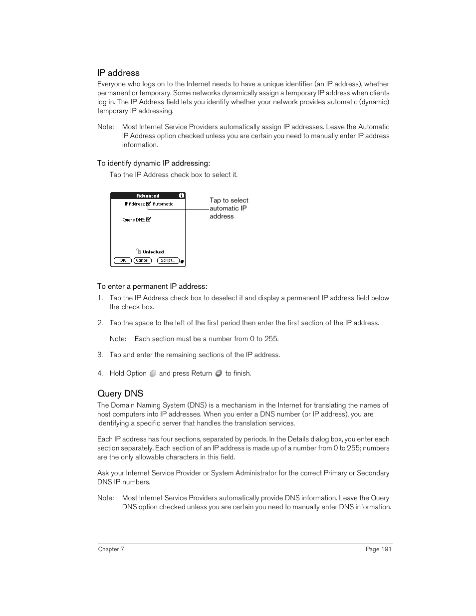 Ip address, To identify dynamic ip addressing, To enter a permanent ip address | Query dns | Handspring 270 User Manual | Page 191 / 257