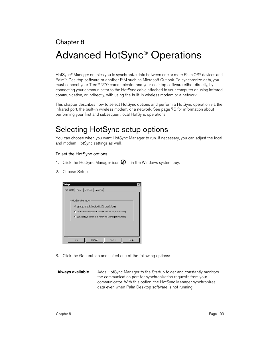 Advanced hotsync® operations, Selecting hotsync setup options, To set the hotsync options | Advanced hotsync, Operations, Chapter 8 | Handspring 270 User Manual | Page 199 / 257
