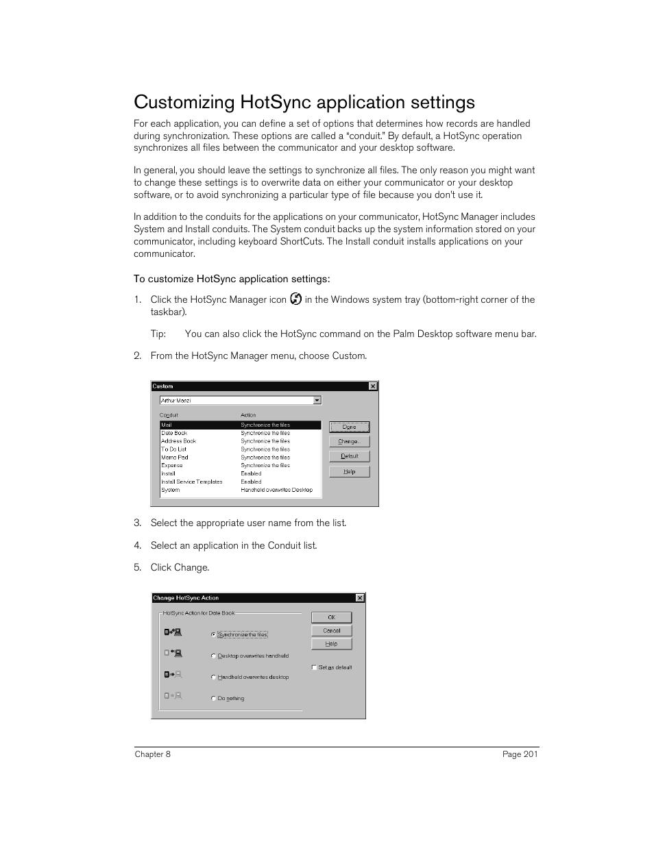 Customizing hotsync application settings, To customize hotsync application settings | Handspring 270 User Manual | Page 201 / 257