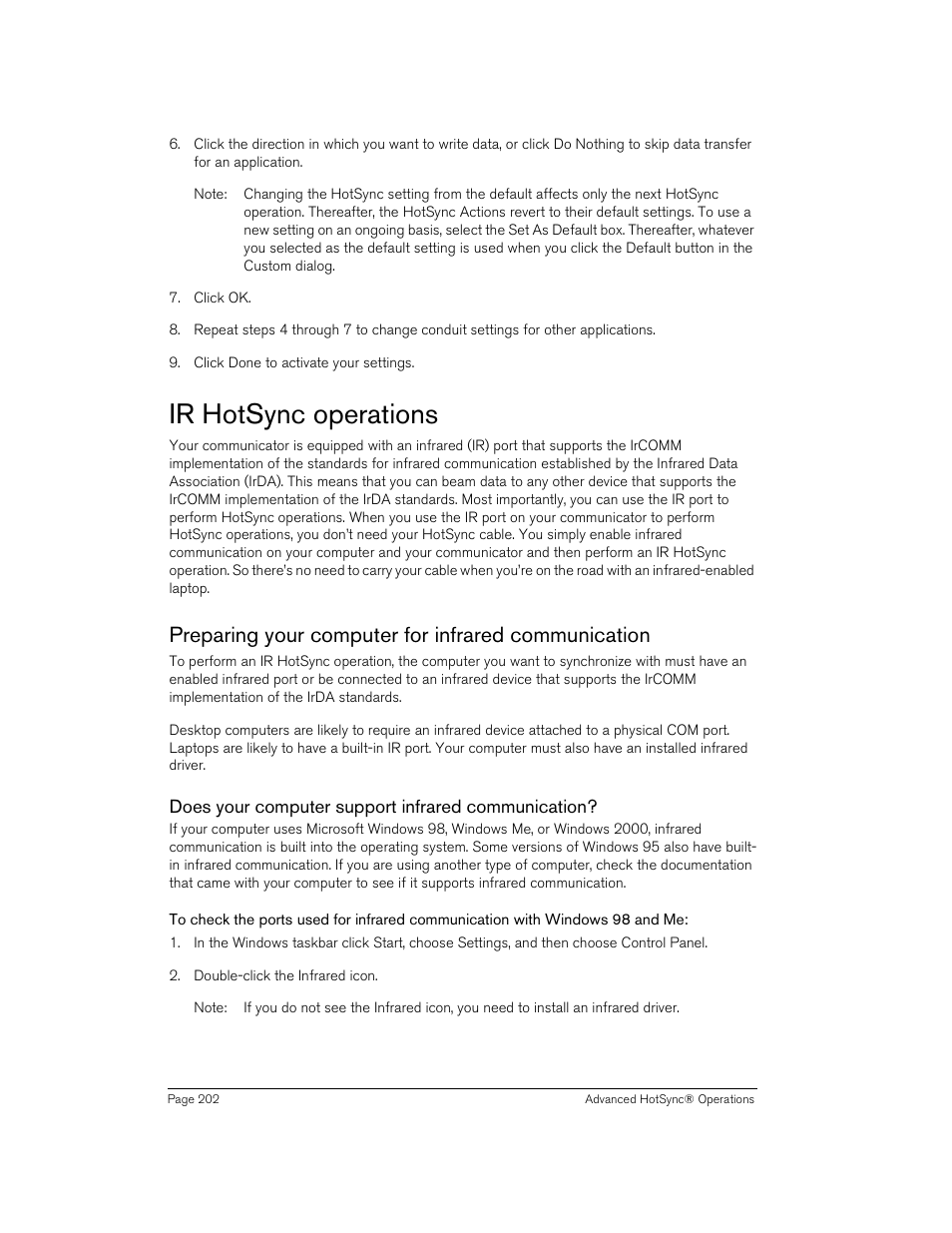 Ir hotsync operations, Preparing your computer for infrared communication, Does your computer support infrared communication | Handspring 270 User Manual | Page 202 / 257