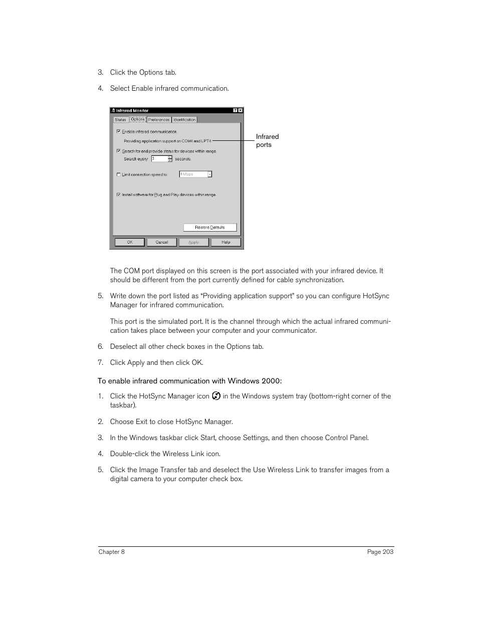To enable infrared communication with windows 2000 | Handspring 270 User Manual | Page 203 / 257