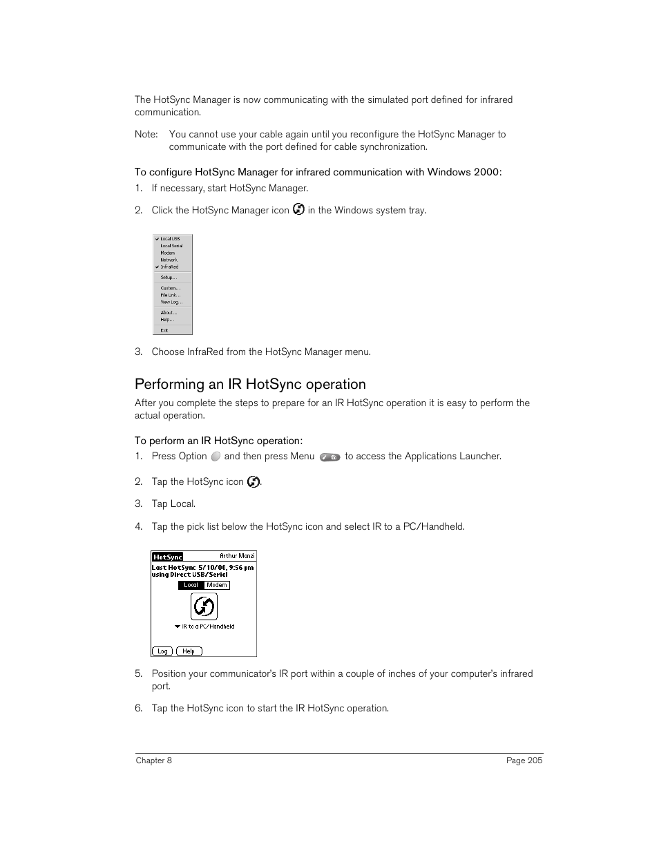 Performing an ir hotsync operation, To perform an ir hotsync operation | Handspring 270 User Manual | Page 205 / 257