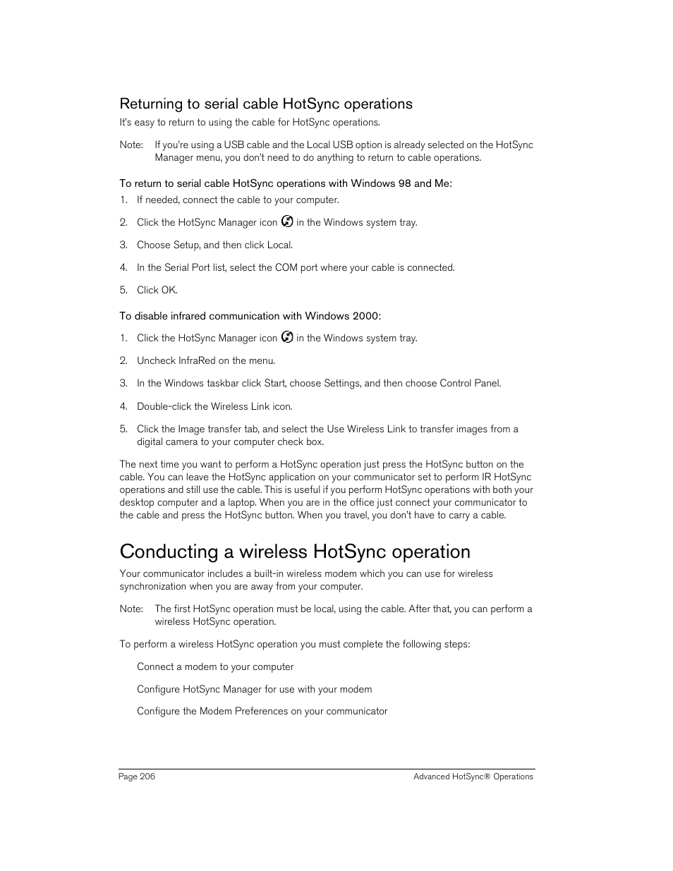 Returning to serial cable hotsync operations, Conducting a wireless hotsync operation | Handspring 270 User Manual | Page 206 / 257