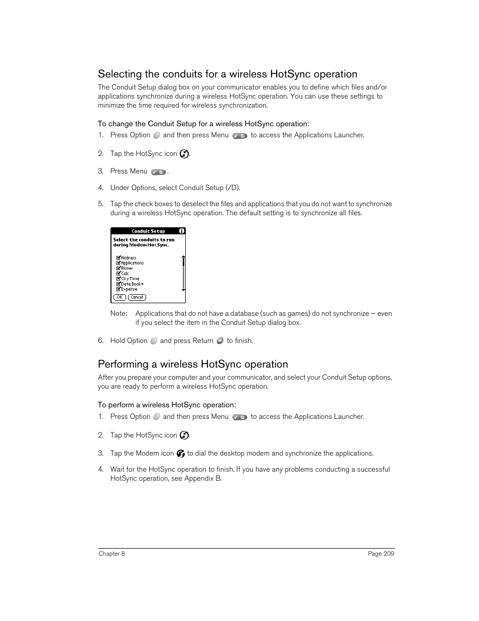 Performing a wireless hotsync operation, To perform a wireless hotsync operation | Handspring 270 User Manual | Page 209 / 257