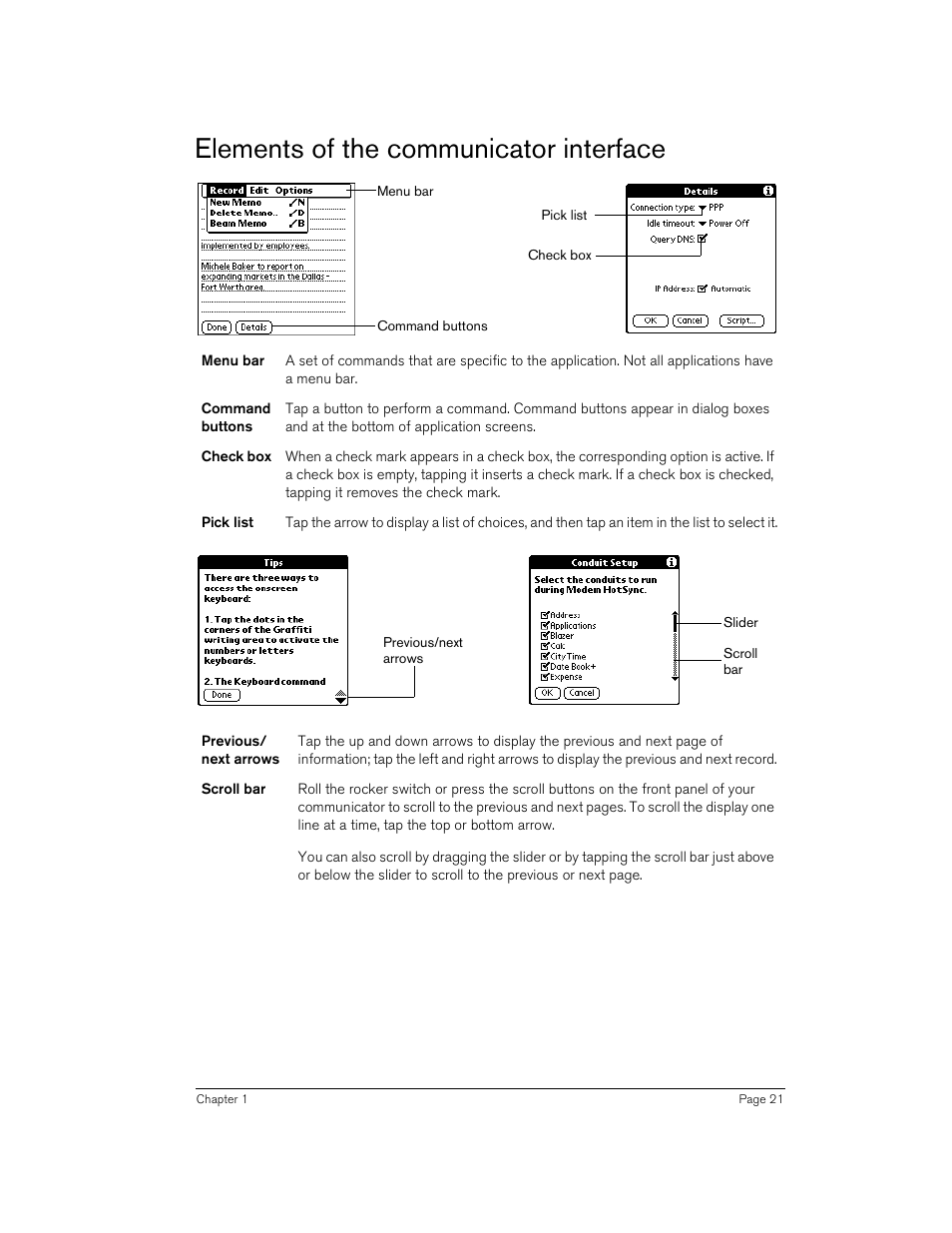 Elements of the communicator interface | Handspring 270 User Manual | Page 21 / 257