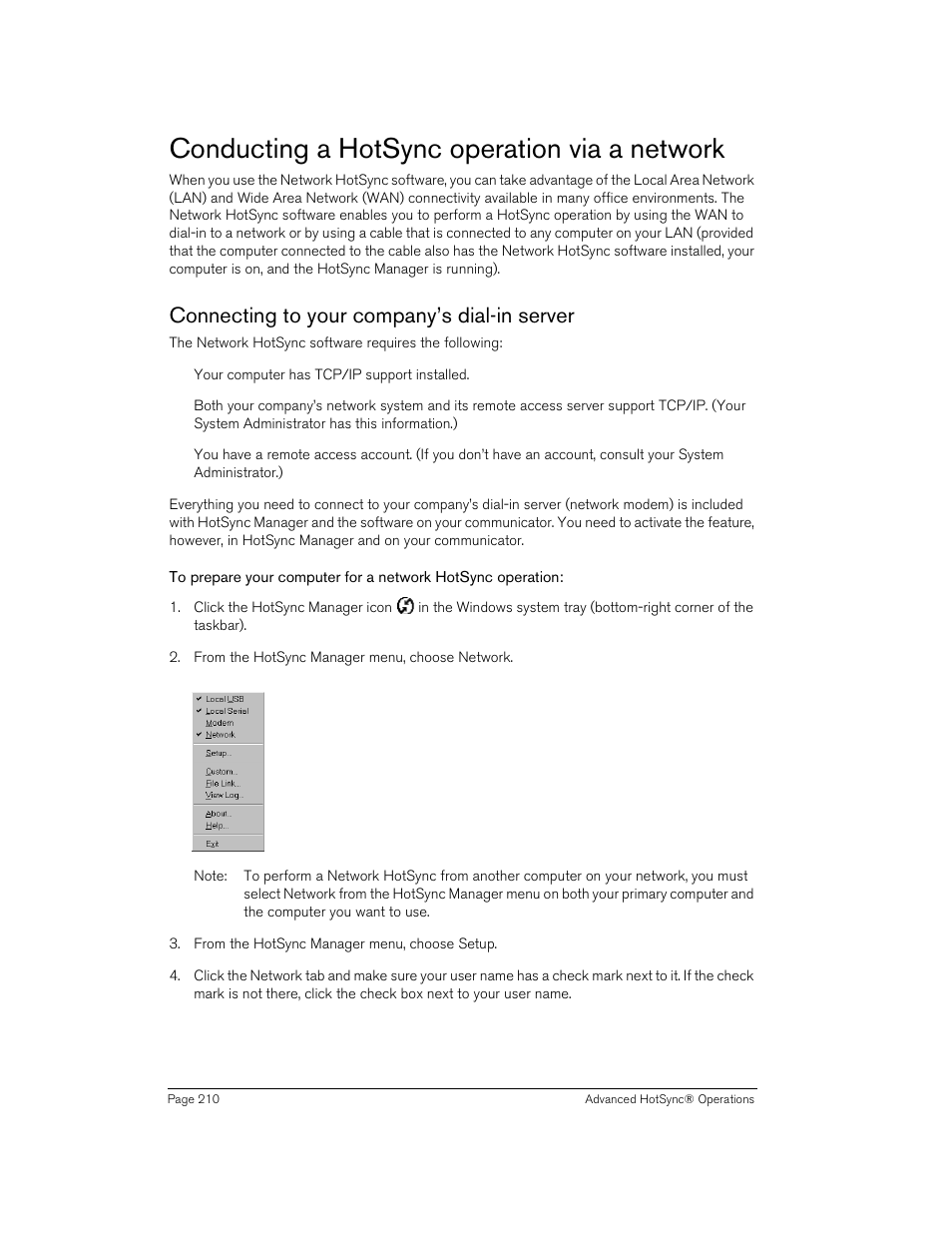 Conducting a hotsync operation via a network, Connecting to your company’s dial-in server | Handspring 270 User Manual | Page 210 / 257