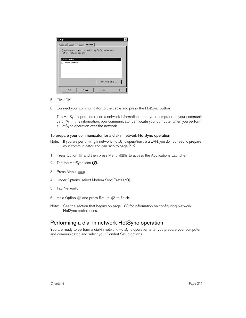 Performing a dial-in network hotsync operation | Handspring 270 User Manual | Page 211 / 257