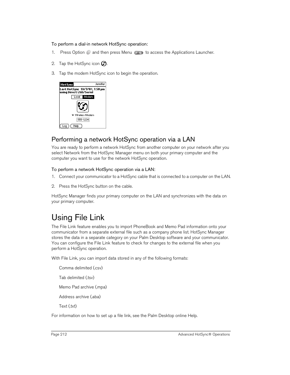 To perform a dial-in network hotsync operation, Performing a network hotsync operation via a lan, To perform a network hotsync operation via a lan | Using file link | Handspring 270 User Manual | Page 212 / 257