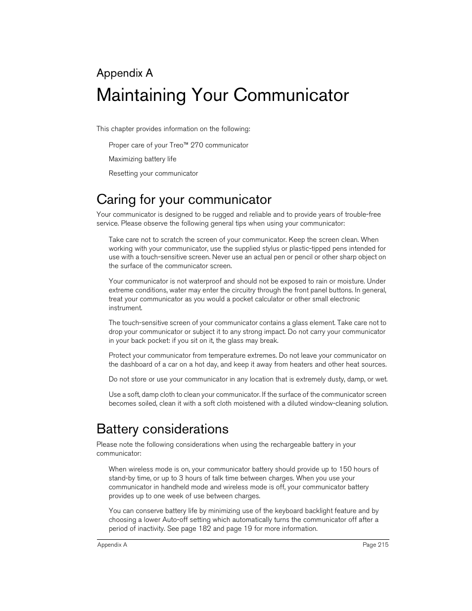 Maintaining your communicator, Caring for your communicator, Battery considerations | Appendix a | Handspring 270 User Manual | Page 215 / 257