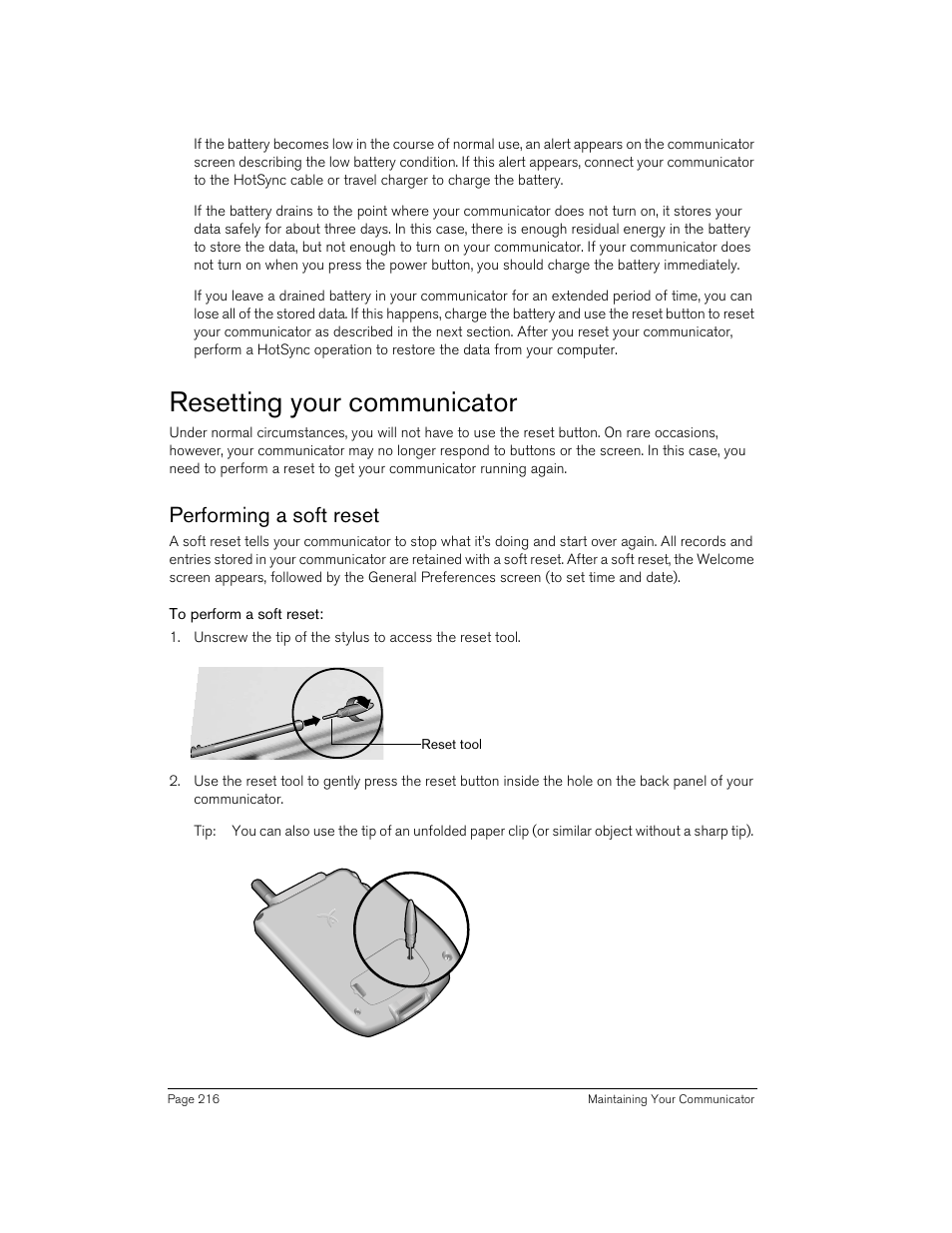 Resetting your communicator, Performing a soft reset, To perform a soft reset | Handspring 270 User Manual | Page 216 / 257