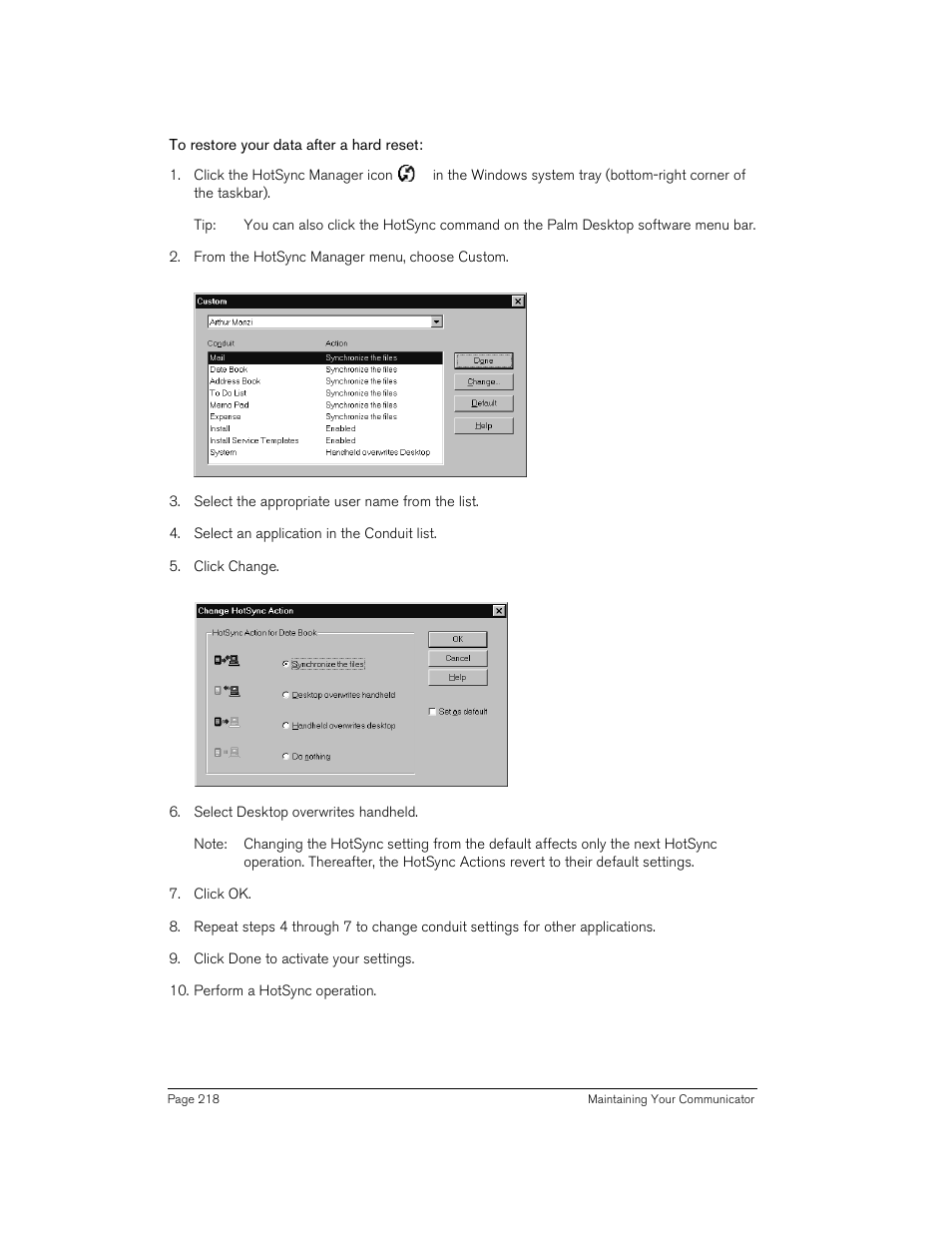 To restore your data after a hard reset | Handspring 270 User Manual | Page 218 / 257