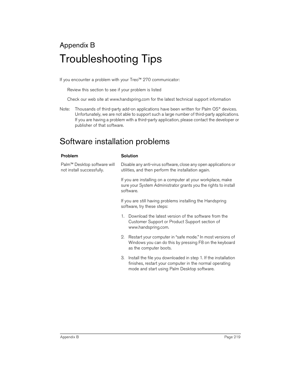 Troubleshooting tips, Software installation problems, Appendix b | Handspring 270 User Manual | Page 219 / 257