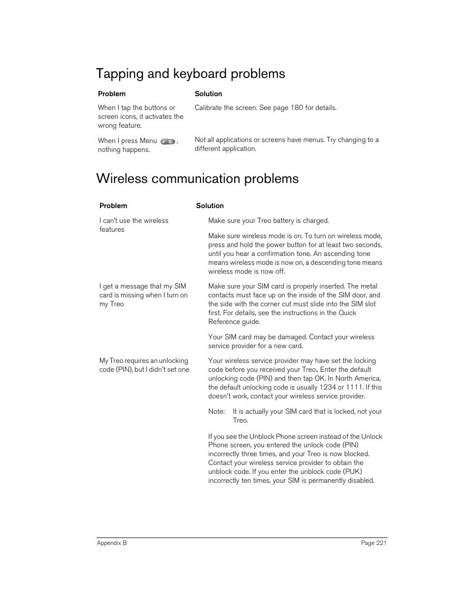 Tapping and keyboard problems, Wireless communication problems | Handspring 270 User Manual | Page 221 / 257