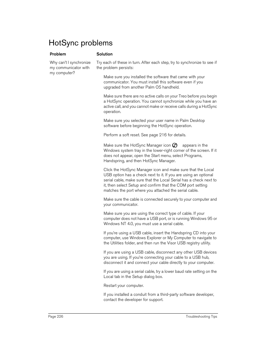 Hotsync problems | Handspring 270 User Manual | Page 226 / 257