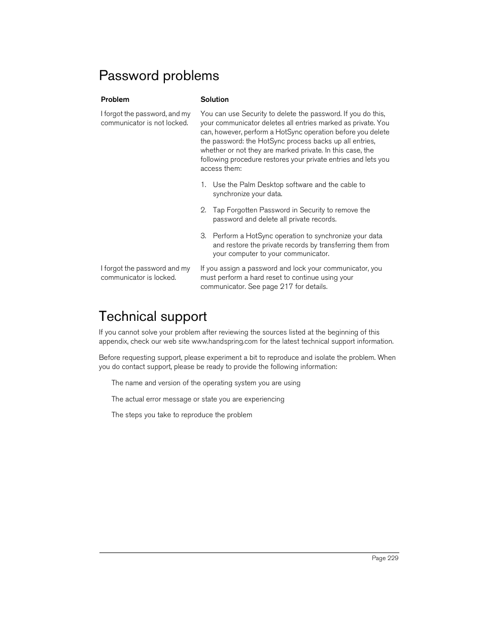 Password problems, Technical support, Password problems technical support | Handspring 270 User Manual | Page 229 / 257