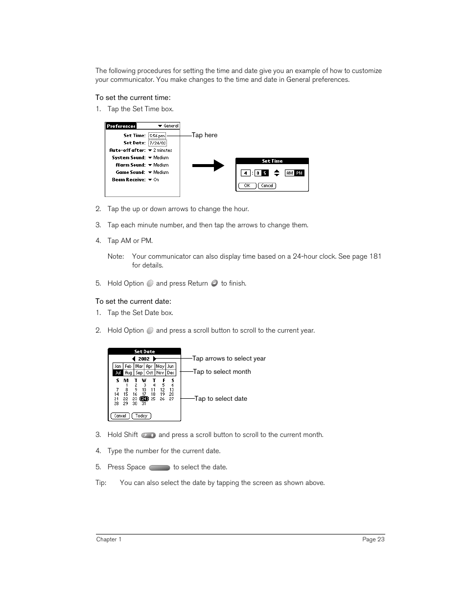 To set the current time, To set the current date | Handspring 270 User Manual | Page 23 / 257