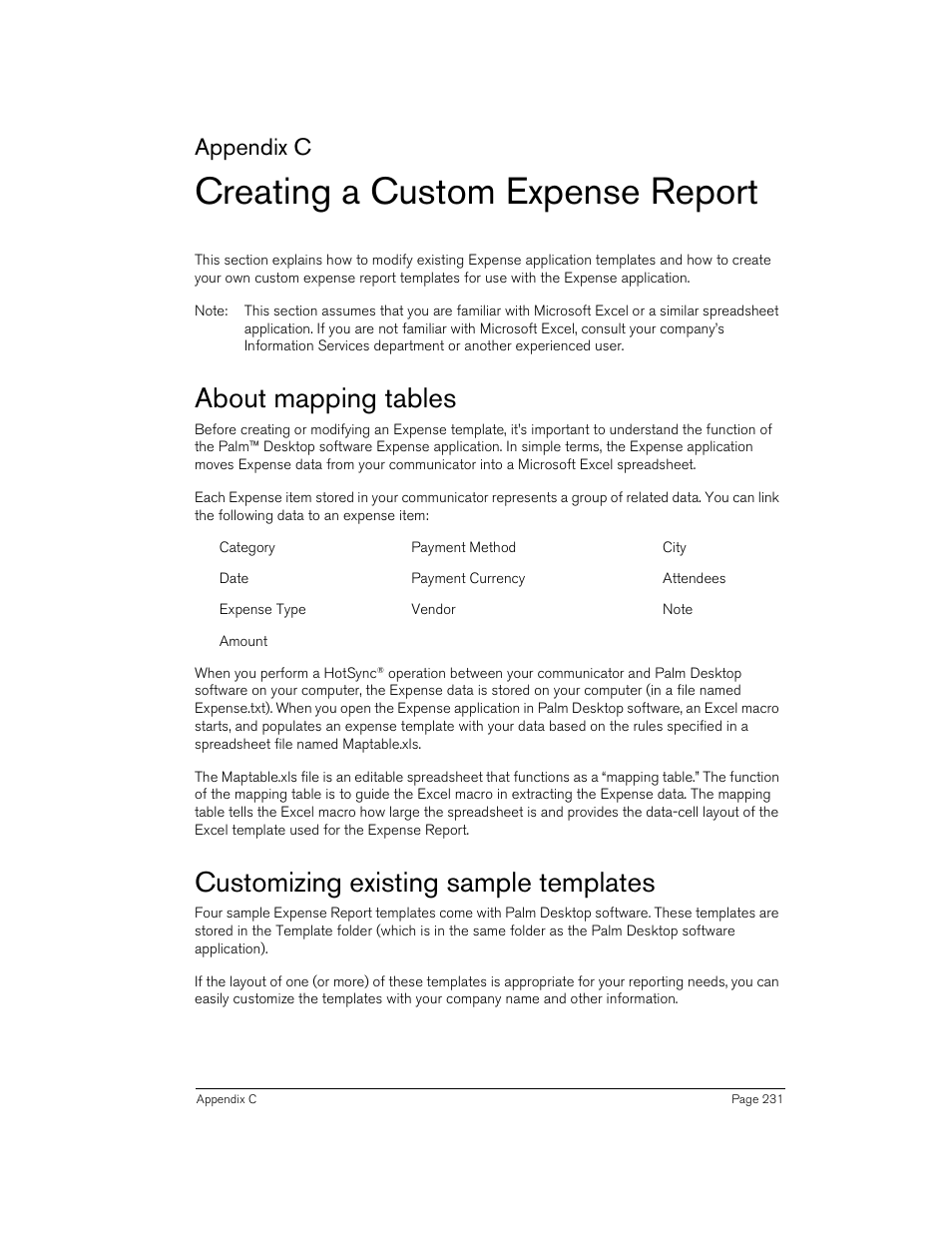 Creating a custom expense report, About mapping tables, Customizing existing sample templates | Appendix c | Handspring 270 User Manual | Page 231 / 257