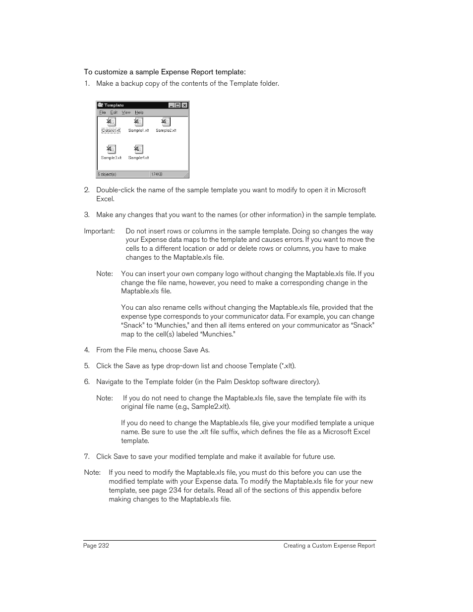 To customize a sample expense report template | Handspring 270 User Manual | Page 232 / 257