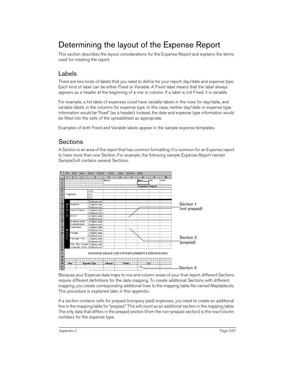 Determining the layout of the expense report, Labels, Sections | Labels sections | Handspring 270 User Manual | Page 233 / 257
