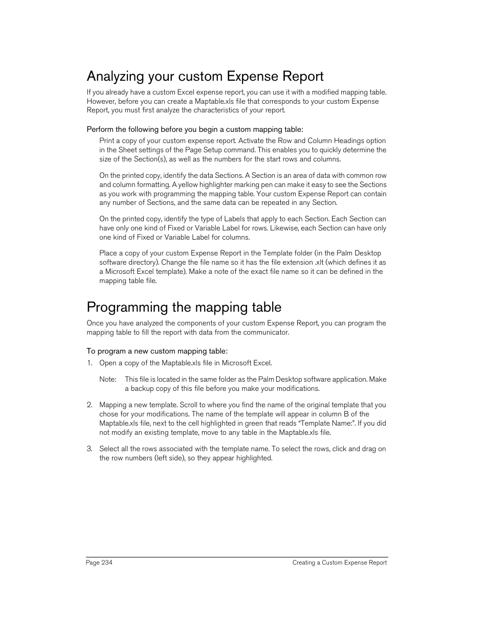 Analyzing your custom expense report, Programming the mapping table, To program a new custom mapping table | Handspring 270 User Manual | Page 234 / 257