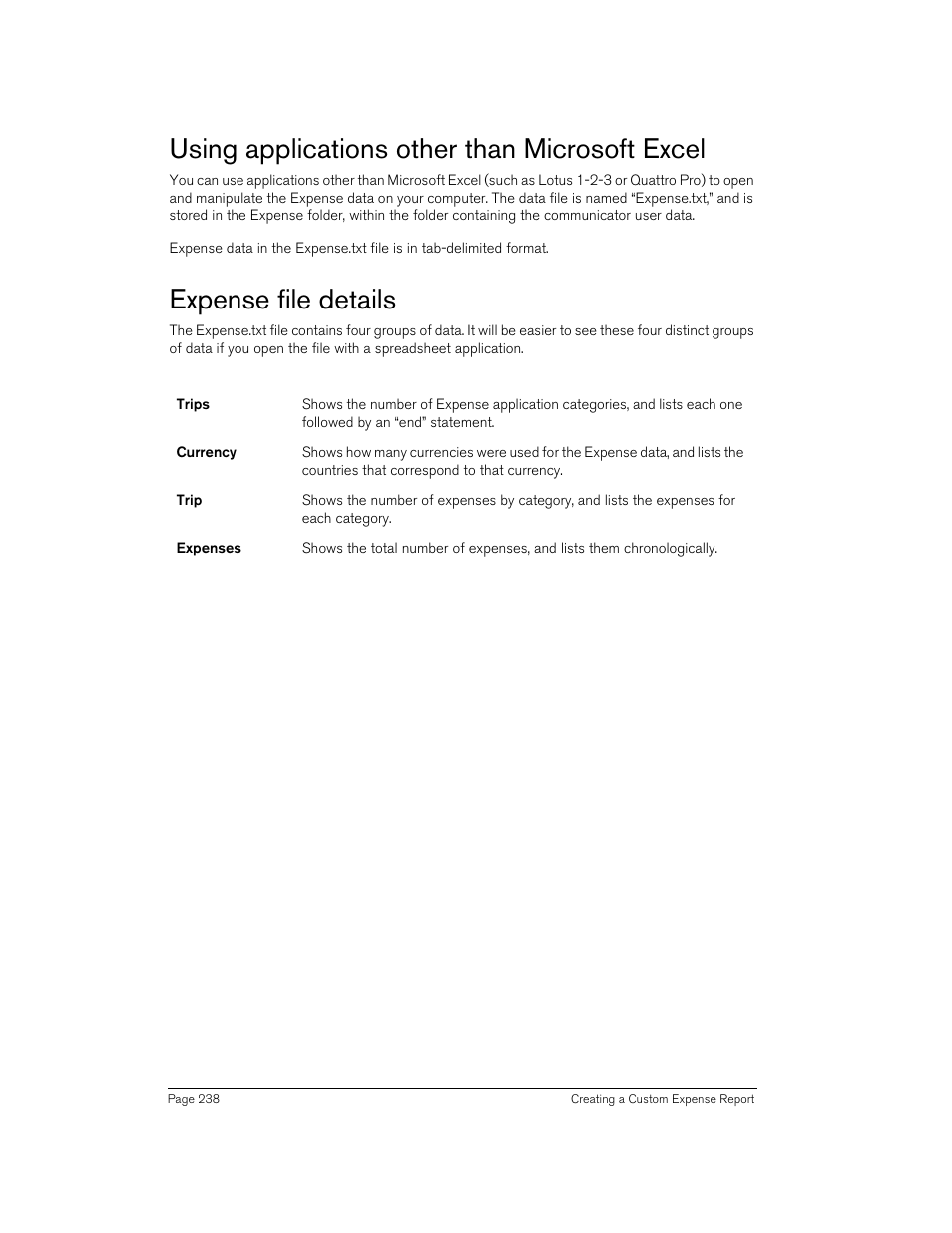 Using applications other than microsoft excel, Expense file details | Handspring 270 User Manual | Page 238 / 257