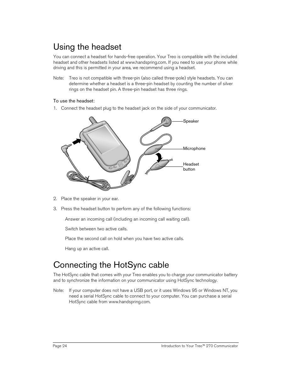 Using the headset, To use the headset, Connecting the hotsync cable | Handspring 270 User Manual | Page 24 / 257
