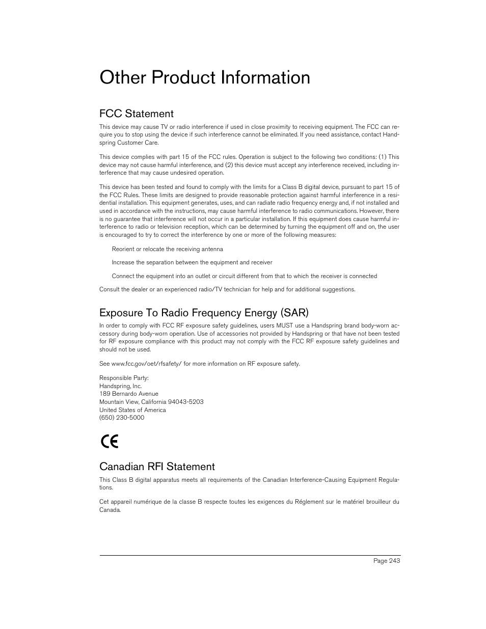 Other product information, Fcc statement, Exposure to radio frequency energy (sar) | Canadian rfi statement | Handspring 270 User Manual | Page 243 / 257